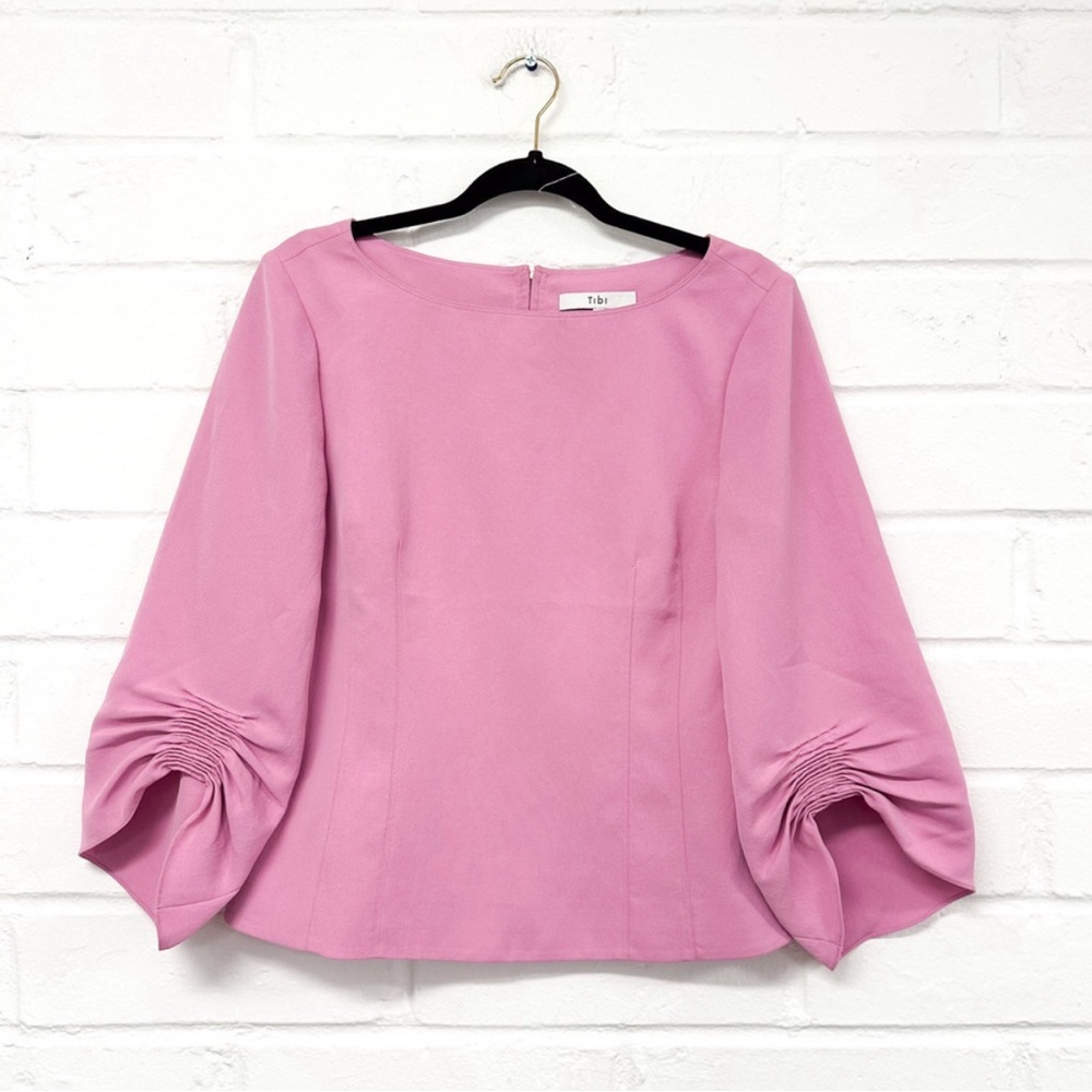 Tibi Pink Top Back Gold Zipper Ruched Sleeves Size 10 PTP 19” Retail $320 - Picture 3 of 6